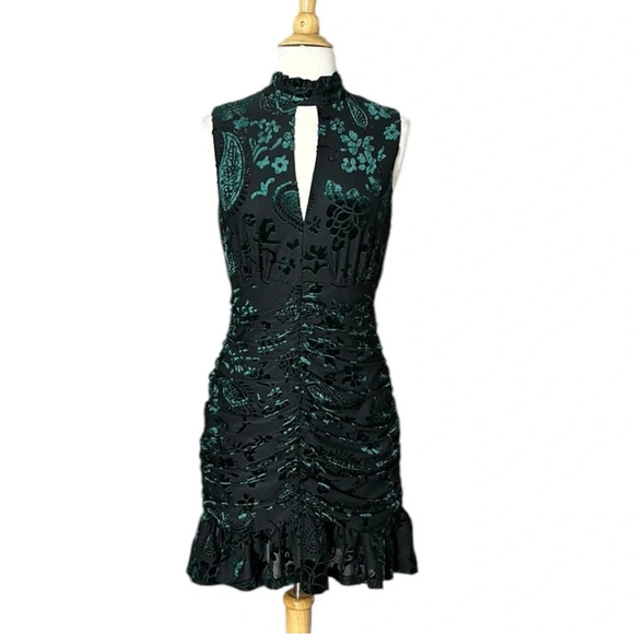 AQUA Velvet Jacquard Dark Floral Ruched Mini Dress Whimsigoth, Fairycore, Medium - Picture 1 of 15